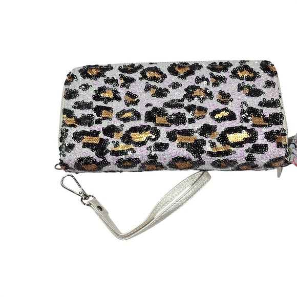 Brentano Handbags - RFID blocking Sequin Leopard Print Double Zip Clutch with Wrist strap NEW